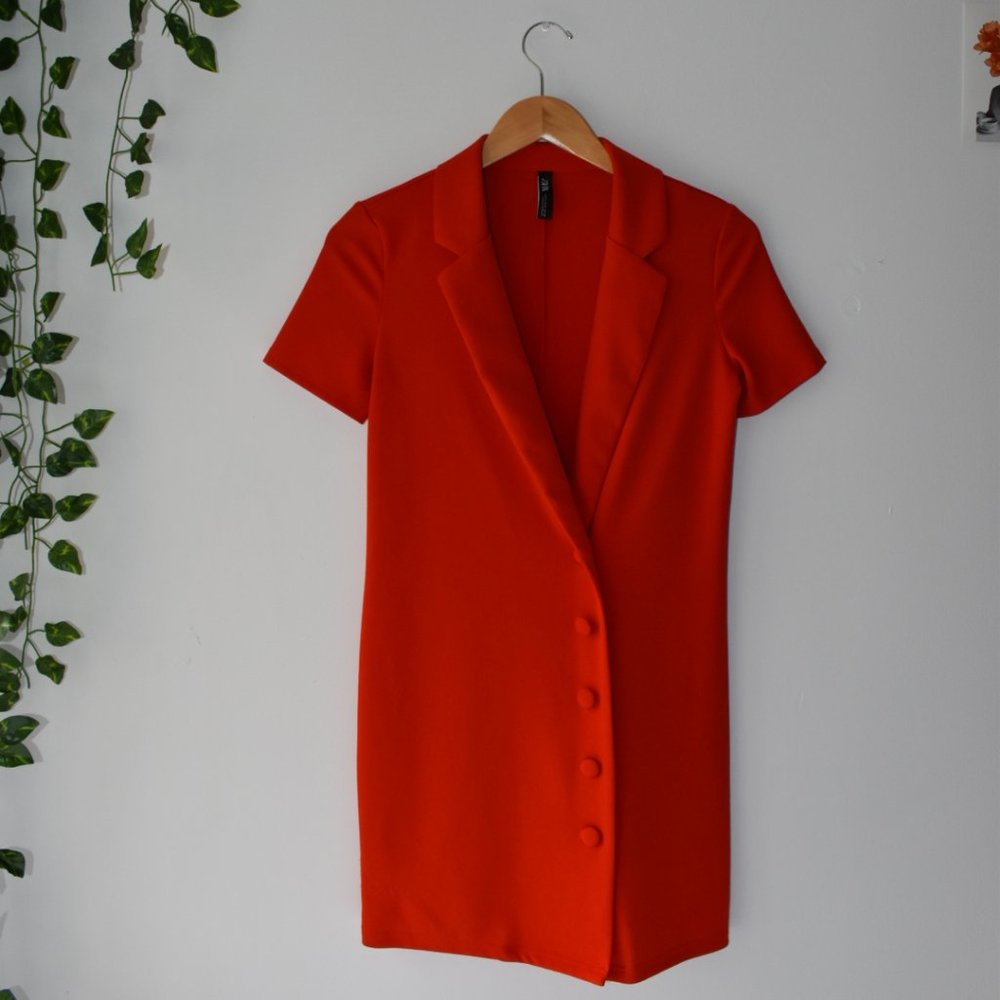 Zara Red-Orange Button Down V-Neck Dress